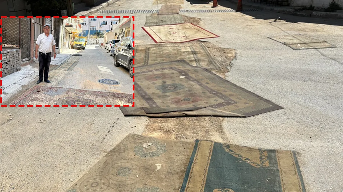 İzmir’de toz isyanı! CHP’li Belediyeden ses çıkmayınca sokaktaki çukurlara halı serip kapadılar