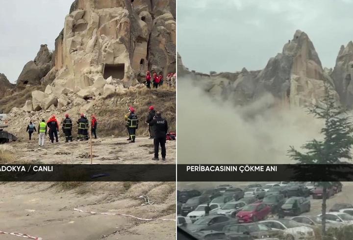 Kapadokya'da peribacasının çökme anı kameraya böyle yansıdı